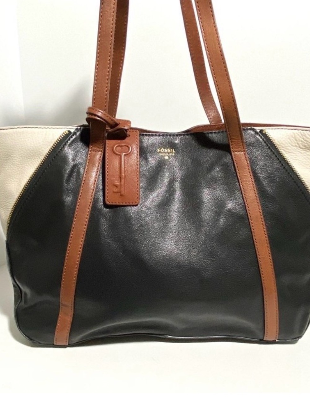 NWOT Fossil Gwen Shopper Tote Bag Goat Leather Black Brown white Authentic Card